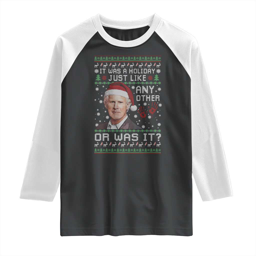 True Crime Christmas Keith Raglan Shirt Funny It Was A Holiday Just Like Any Other Or Was It Bloody Hand - Wonder Print Shop
