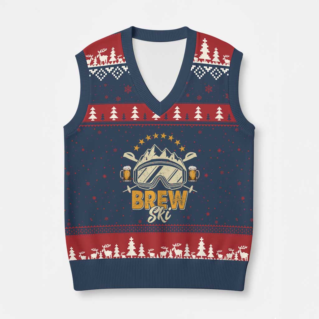 Brewski Skiing Beer V-Neck Knit Sweater Vest Funny Skiing Skier Ski Vacation - Wonder Print Shop