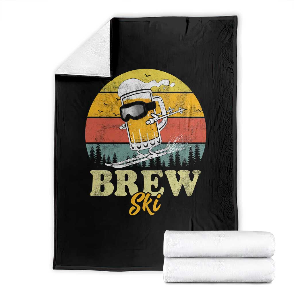 Brewski Skiing Beer Throw Blanket Funny Skiing Skier Ski Vacation Retro Sunset - Wonder Print Shop