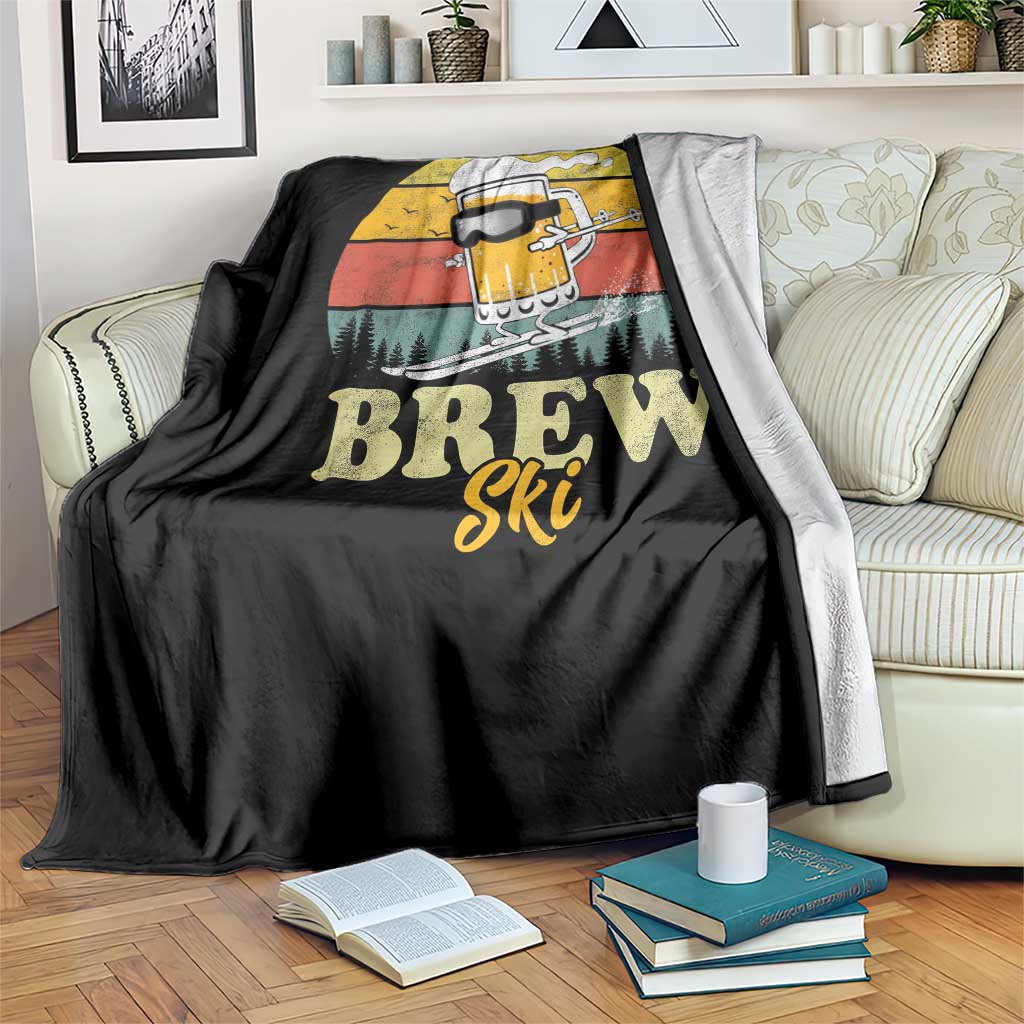 Brewski Skiing Beer Throw Blanket Funny Skiing Skier Ski Vacation Retro Sunset - Wonder Print Shop