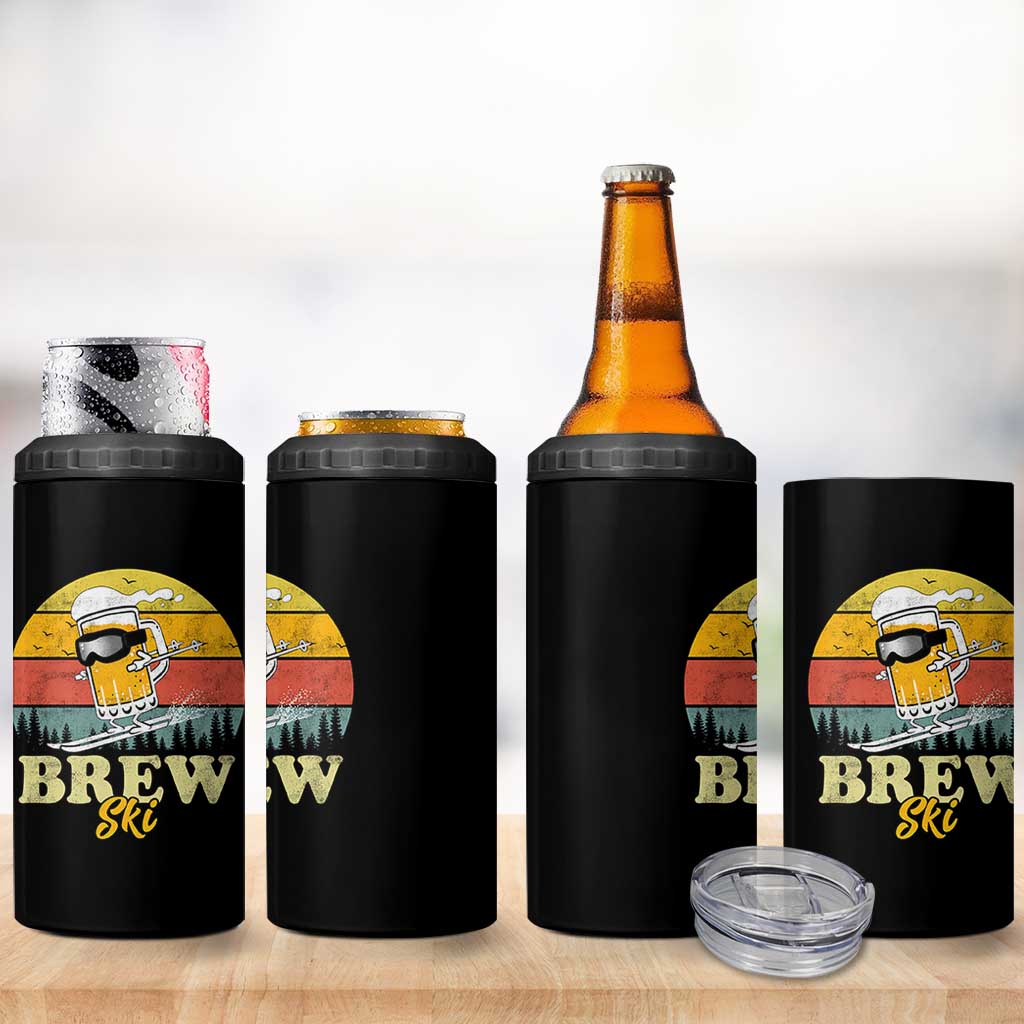 Brewski Skiing Beer 4 in 1 Can Cooler Tumbler Funny Skiing Skier Ski Vacation Retro Sunset - Wonder Print Shop
