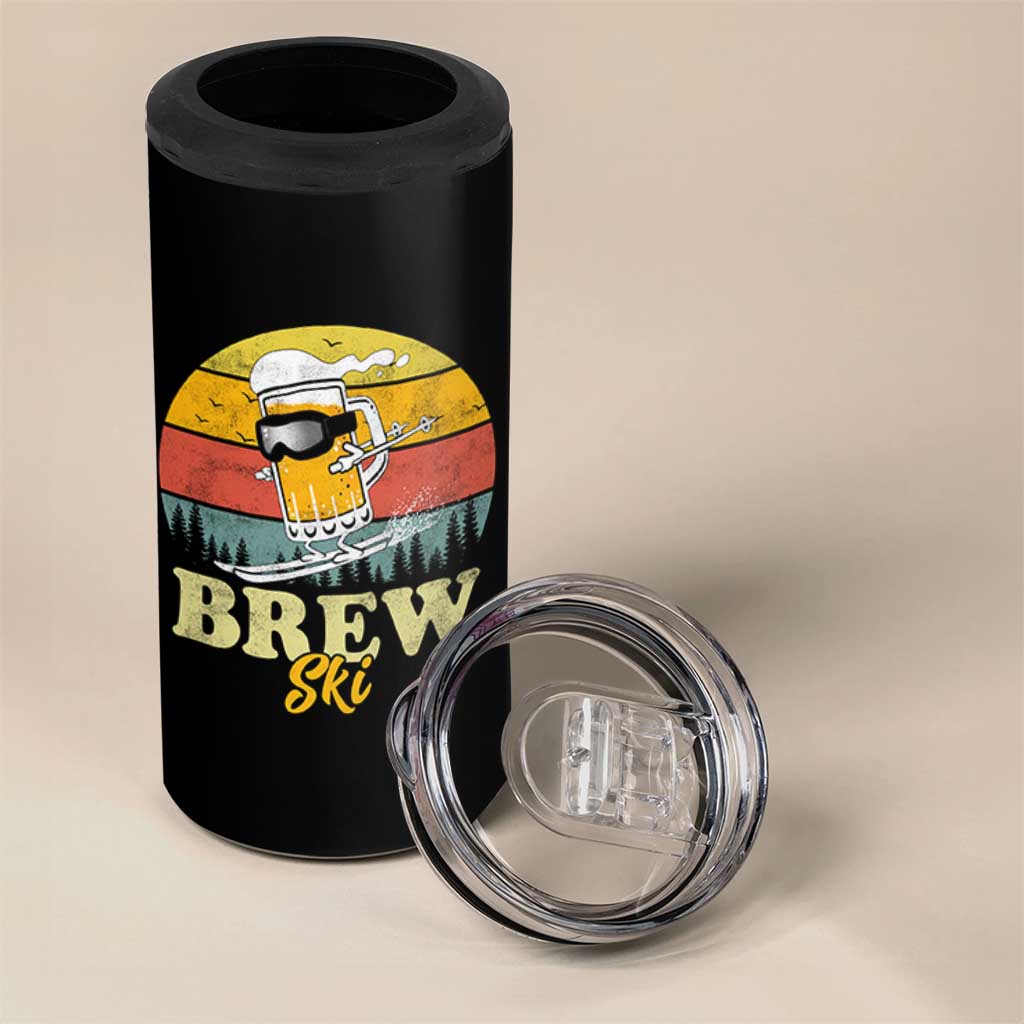 Brewski Skiing Beer 4 in 1 Can Cooler Tumbler Funny Skiing Skier Ski Vacation Retro Sunset - Wonder Print Shop