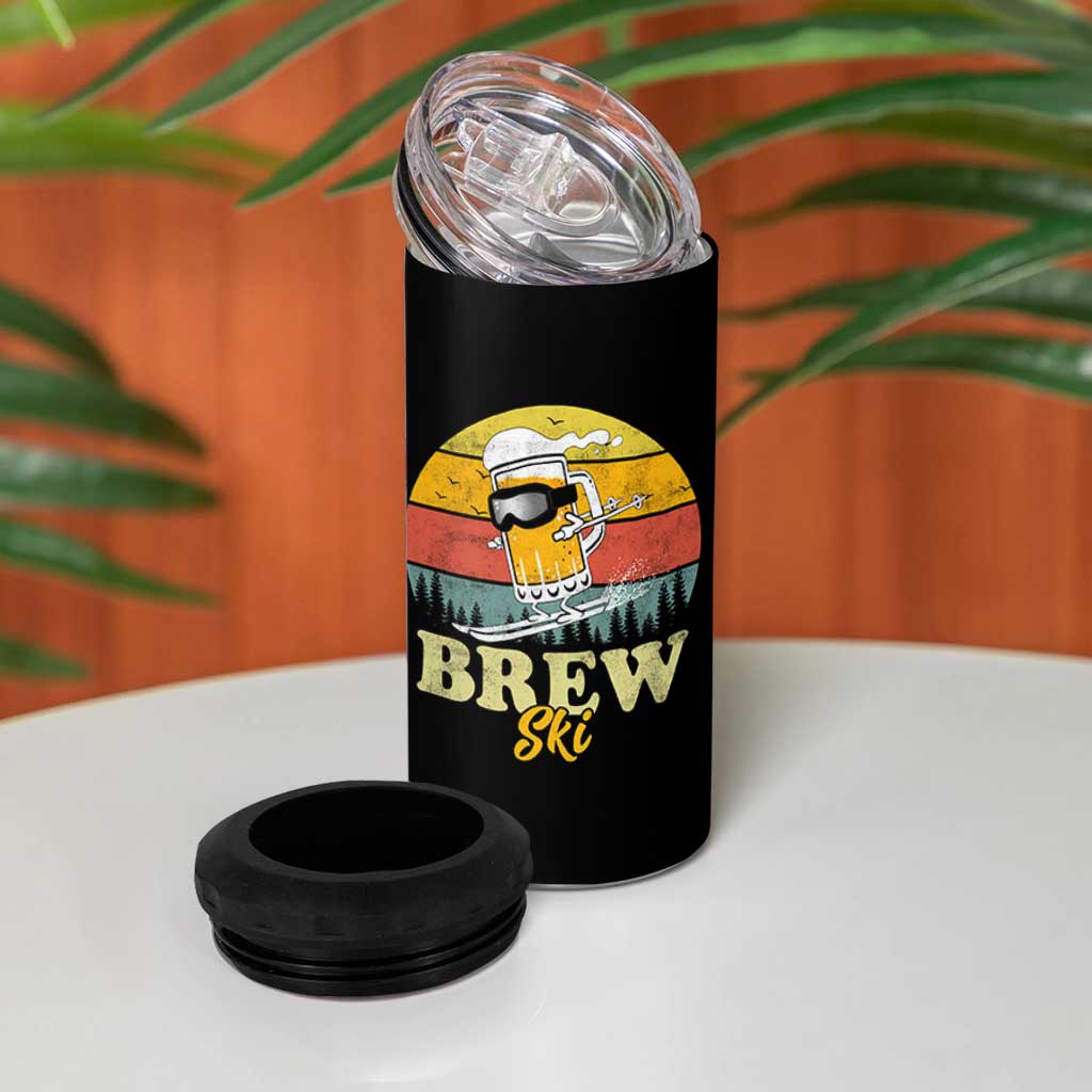 Brewski Skiing Beer 4 in 1 Can Cooler Tumbler Funny Skiing Skier Ski Vacation Retro Sunset - Wonder Print Shop