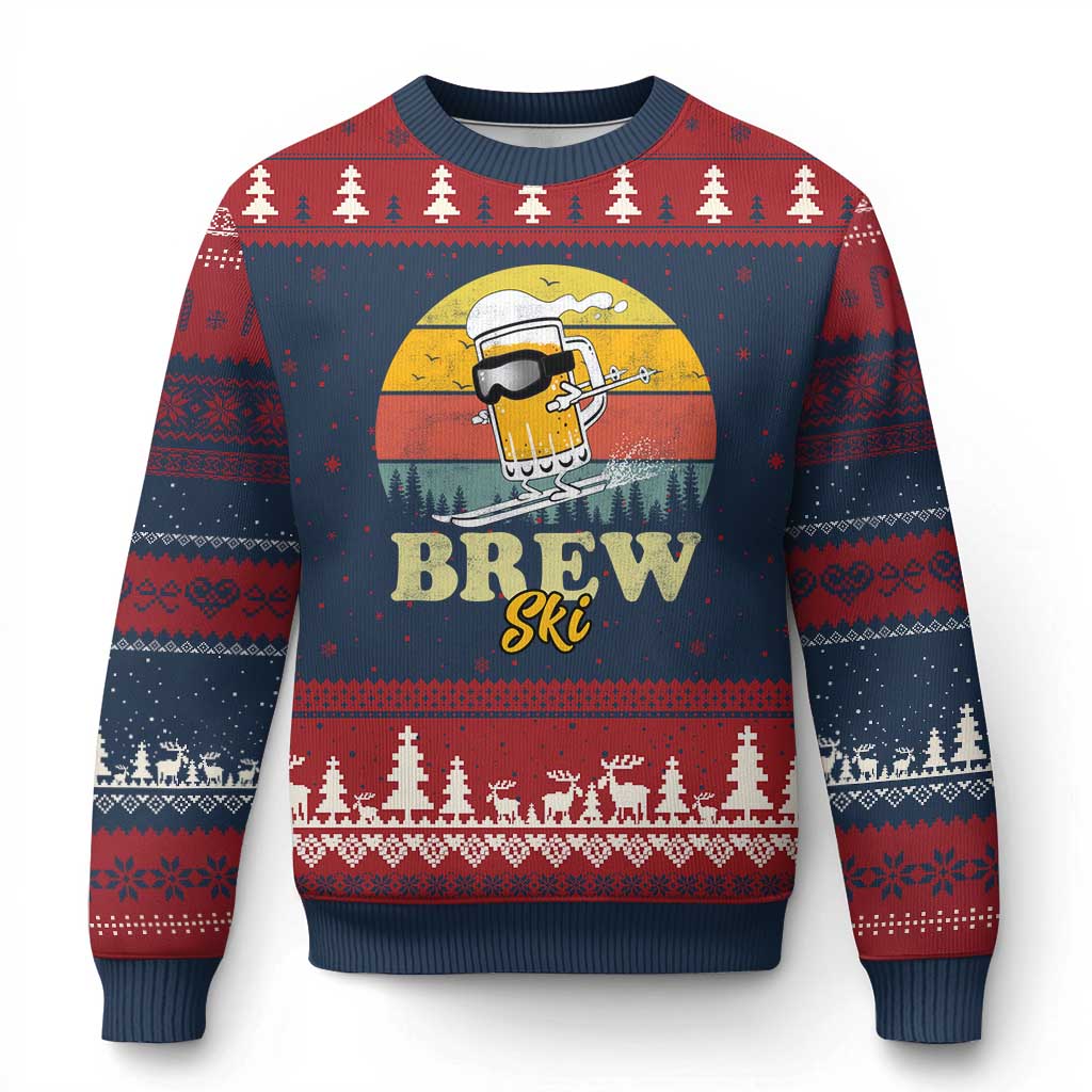 Brewski Skiing Beer Ugly Christmas Sweater Funny Skiing Skier Ski Vacation Retro Sunset - Wonder Print Shop