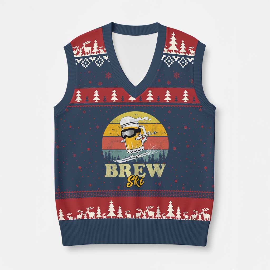 Brewski Skiing Beer V-Neck Knit Sweater Vest Funny Skiing Skier Ski Vacation Retro Sunset - Wonder Print Shop