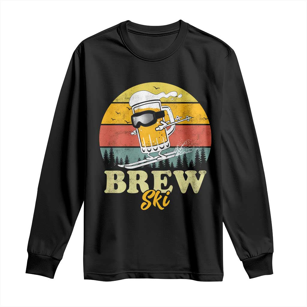 Brewski Skiing Beer Long Sleeve Shirt Funny Skiing Skier Ski Vacation Retro Sunset - Wonder Print Shop