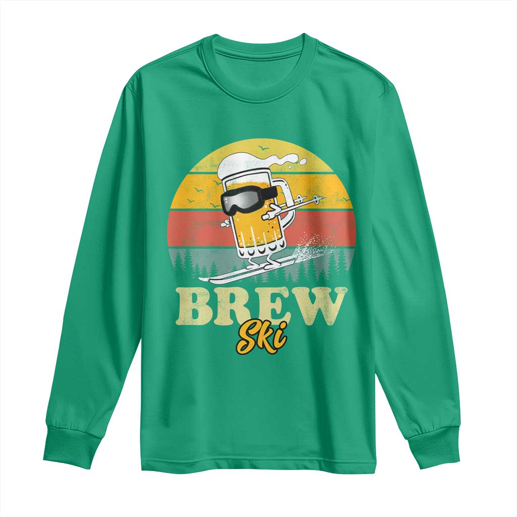 Brewski Skiing Beer Long Sleeve Shirt Funny Skiing Skier Ski Vacation Retro Sunset - Wonder Print Shop