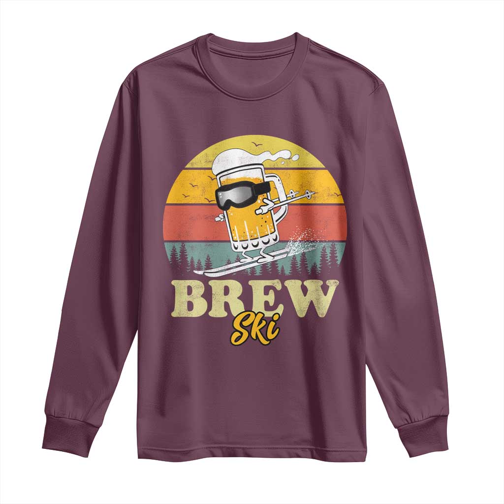 Brewski Skiing Beer Long Sleeve Shirt Funny Skiing Skier Ski Vacation Retro Sunset - Wonder Print Shop