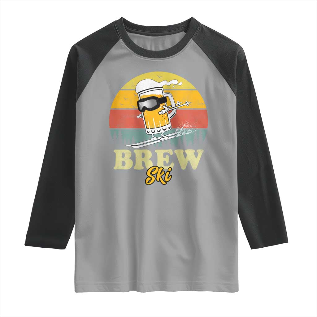 Brewski Skiing Beer Raglan Shirt Funny Skiing Skier Ski Vacation Retro Sunset - Wonder Print Shop