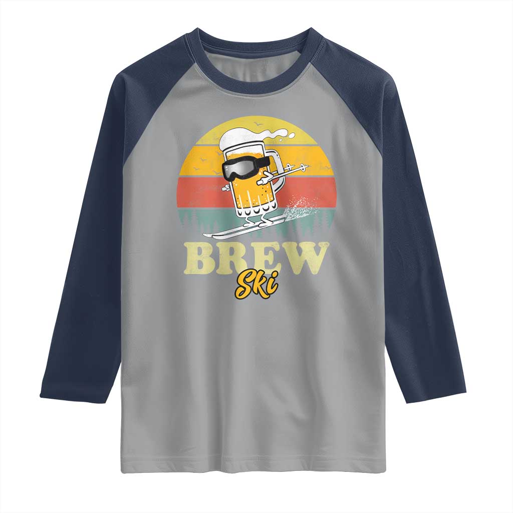 Brewski Skiing Beer Raglan Shirt Funny Skiing Skier Ski Vacation Retro Sunset - Wonder Print Shop