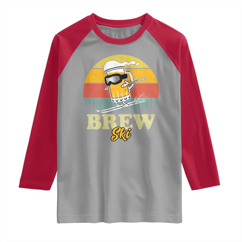 Brewski Skiing Beer Raglan Shirt Funny Skiing Skier Ski Vacation Retro Sunset - Wonder Print Shop