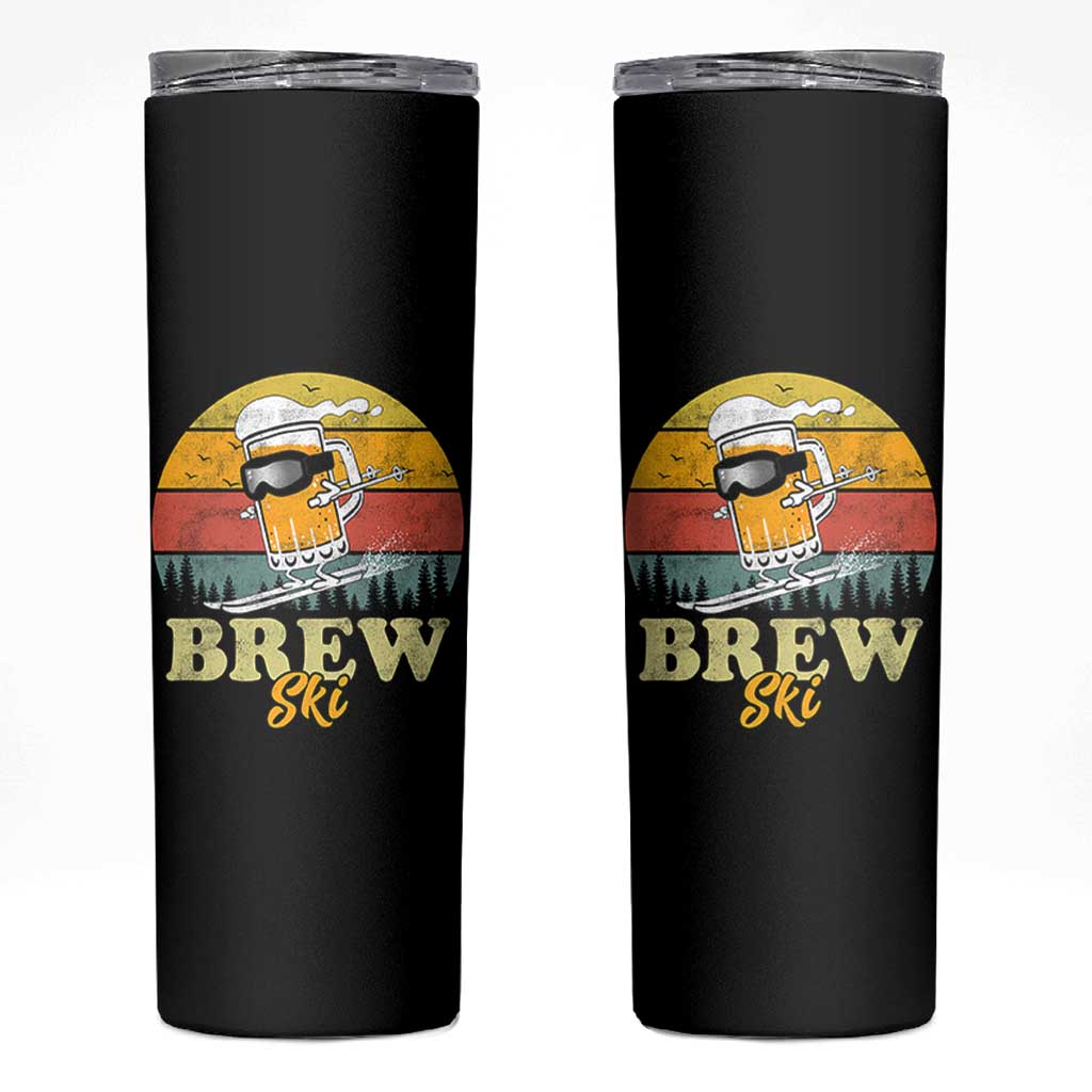 Brewski Skiing Beer Skinny Tumbler Funny Skiing Skier Ski Vacation Retro Sunset - Wonder Print Shop