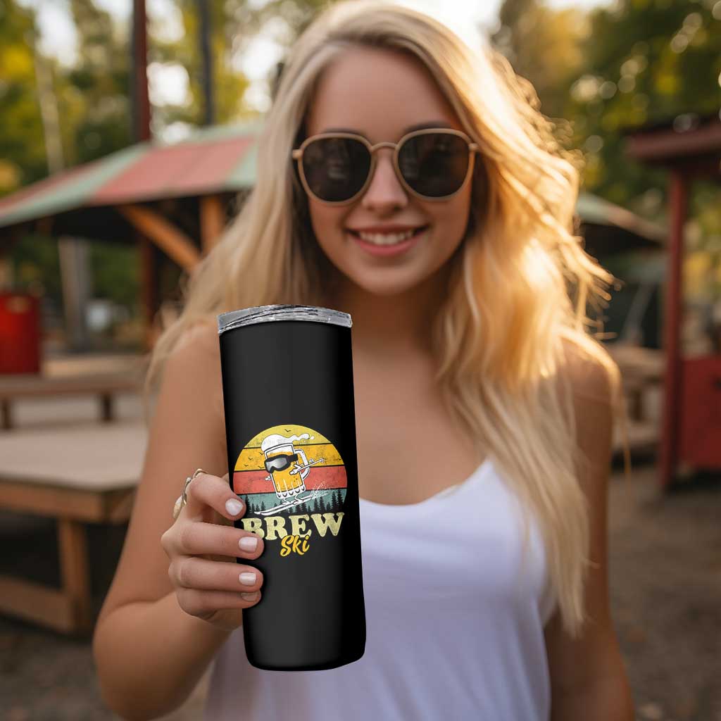 Brewski Skiing Beer Skinny Tumbler Funny Skiing Skier Ski Vacation Retro Sunset - Wonder Print Shop