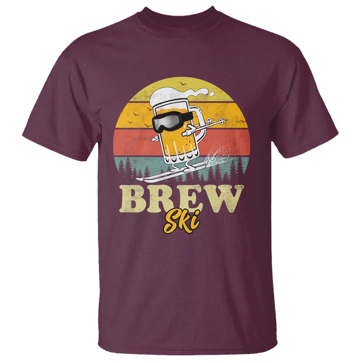 Brewski Skiing Beer T Shirt Funny Skiing Skier Ski Vacation Retro Sunset - Wonder Print Shop