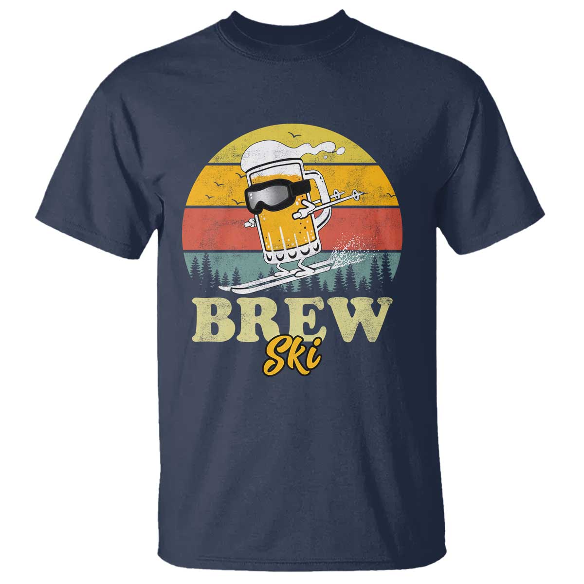 Brewski Skiing Beer T Shirt Funny Skiing Skier Ski Vacation Retro Sunset - Wonder Print Shop