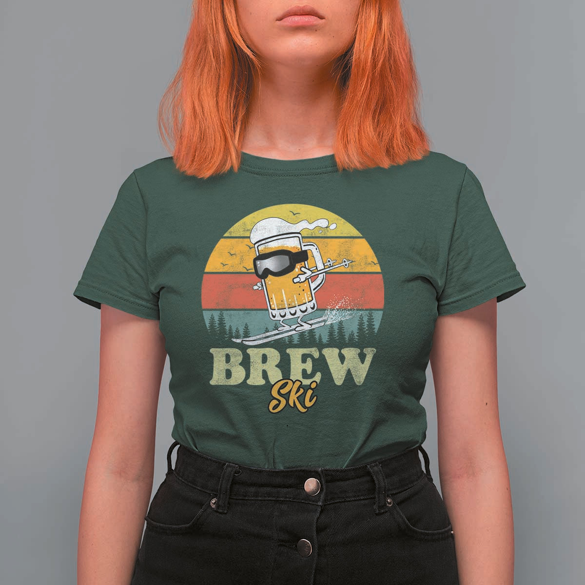 Brewski Skiing Beer T Shirt For Women Funny Skiing Skier Ski Vacation Retro Sunset - Wonder Print Shop