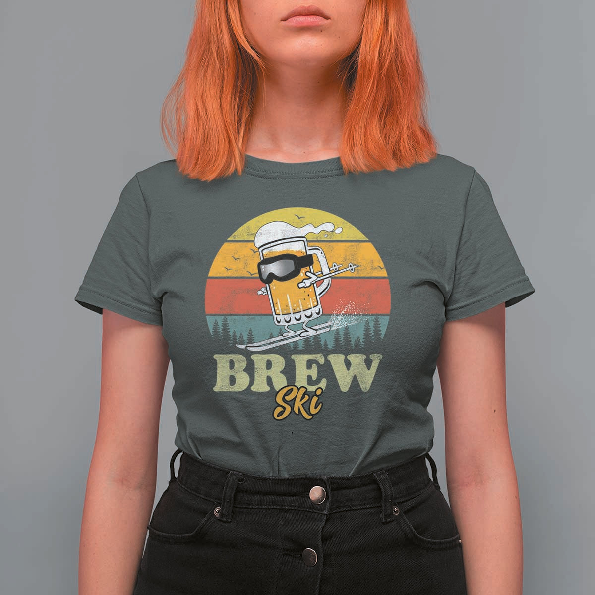 Brewski Skiing Beer T Shirt For Women Funny Skiing Skier Ski Vacation Retro Sunset - Wonder Print Shop