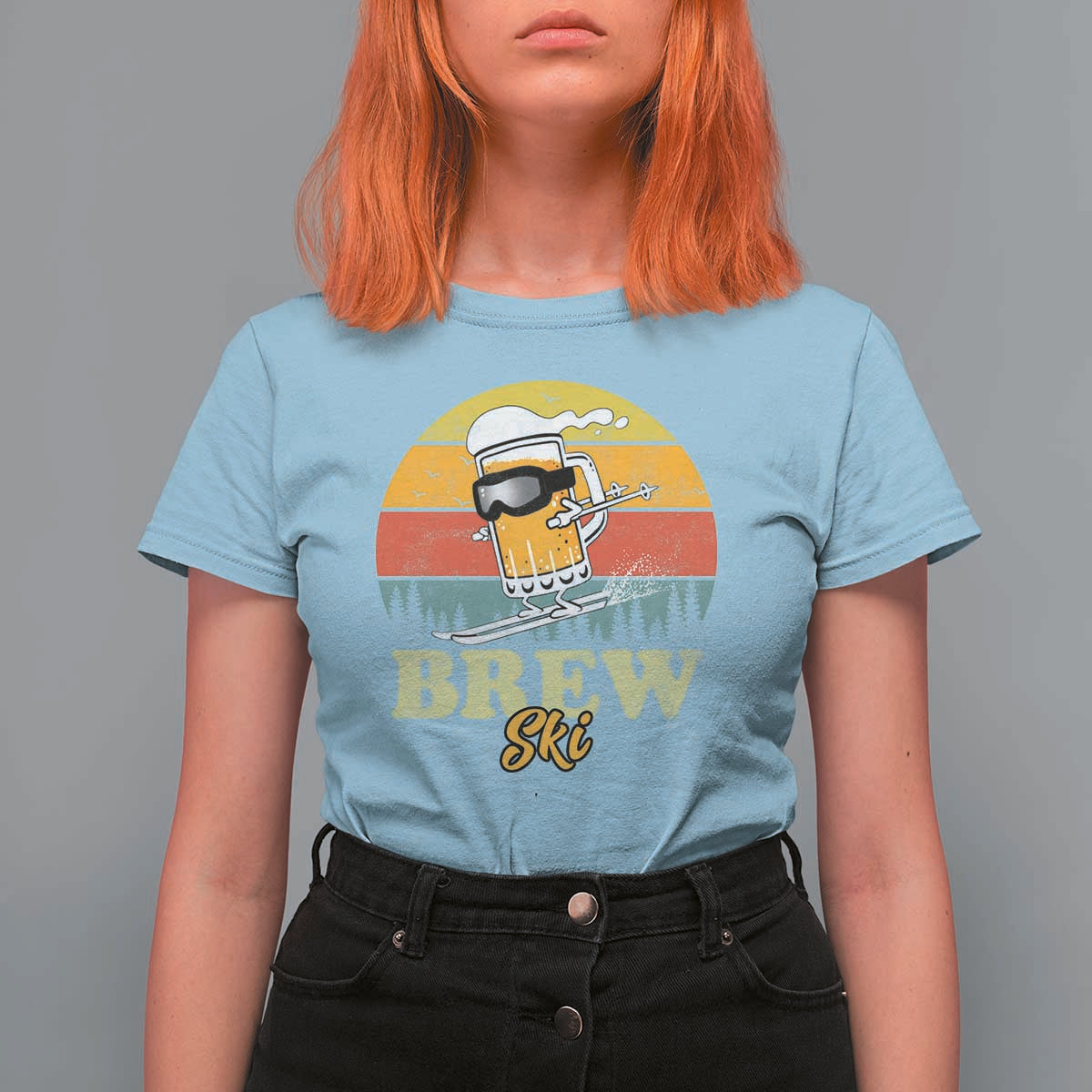Brewski Skiing Beer T Shirt For Women Funny Skiing Skier Ski Vacation Retro Sunset - Wonder Print Shop