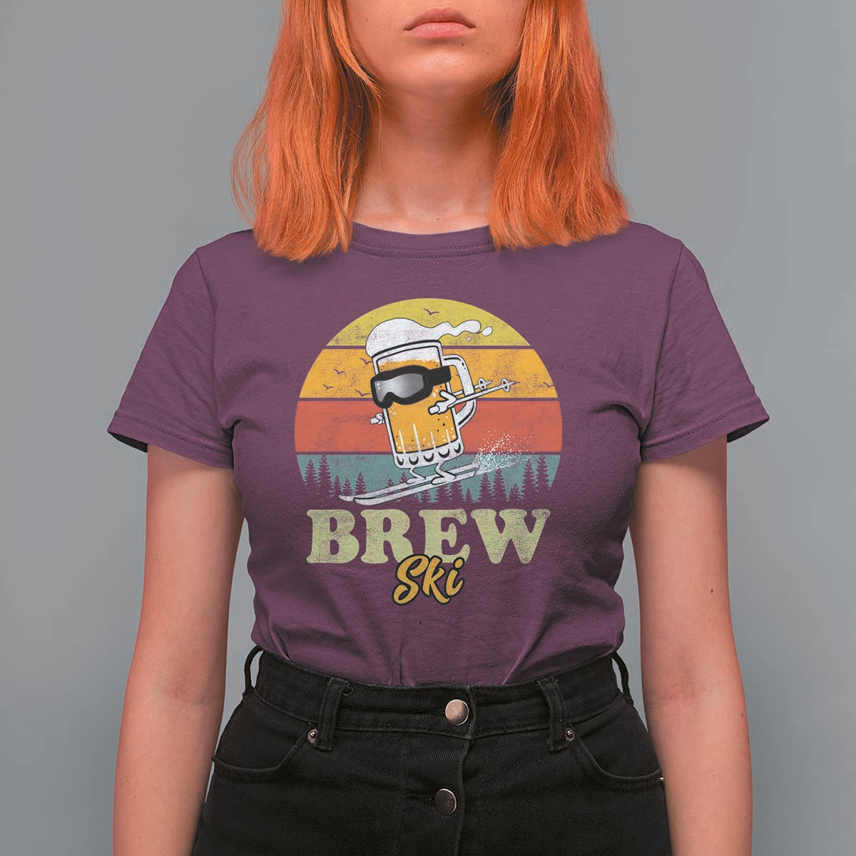 Brewski Skiing Beer T Shirt For Women Funny Skiing Skier Ski Vacation Retro Sunset - Wonder Print Shop