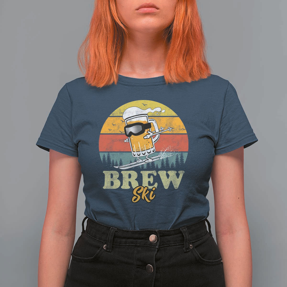 Brewski Skiing Beer T Shirt For Women Funny Skiing Skier Ski Vacation Retro Sunset - Wonder Print Shop