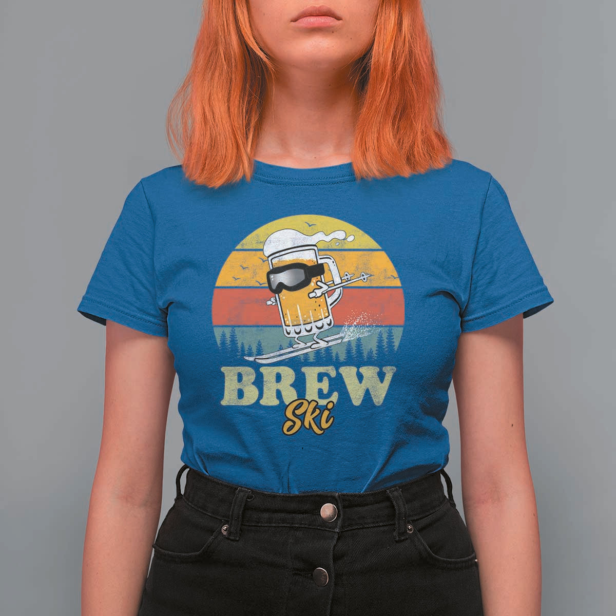 Brewski Skiing Beer T Shirt For Women Funny Skiing Skier Ski Vacation Retro Sunset - Wonder Print Shop