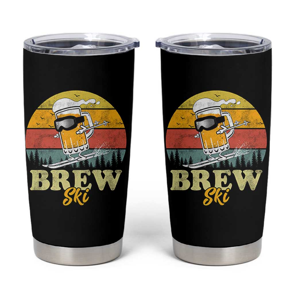 Brewski Skiing Beer Tumbler Cup Funny Skiing Skier Ski Vacation Retro Sunset - Wonder Print Shop