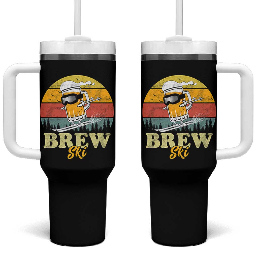 Brewski Skiing Beer Tumbler With Handle Funny Skiing Skier Ski Vacation Retro Sunset - Wonder Print Shop