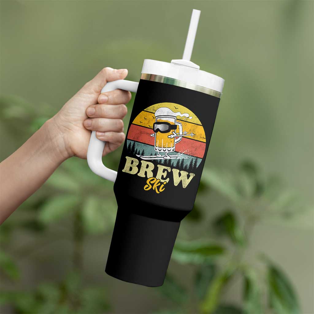 Brewski Skiing Beer Tumbler With Handle Funny Skiing Skier Ski Vacation Retro Sunset - Wonder Print Shop