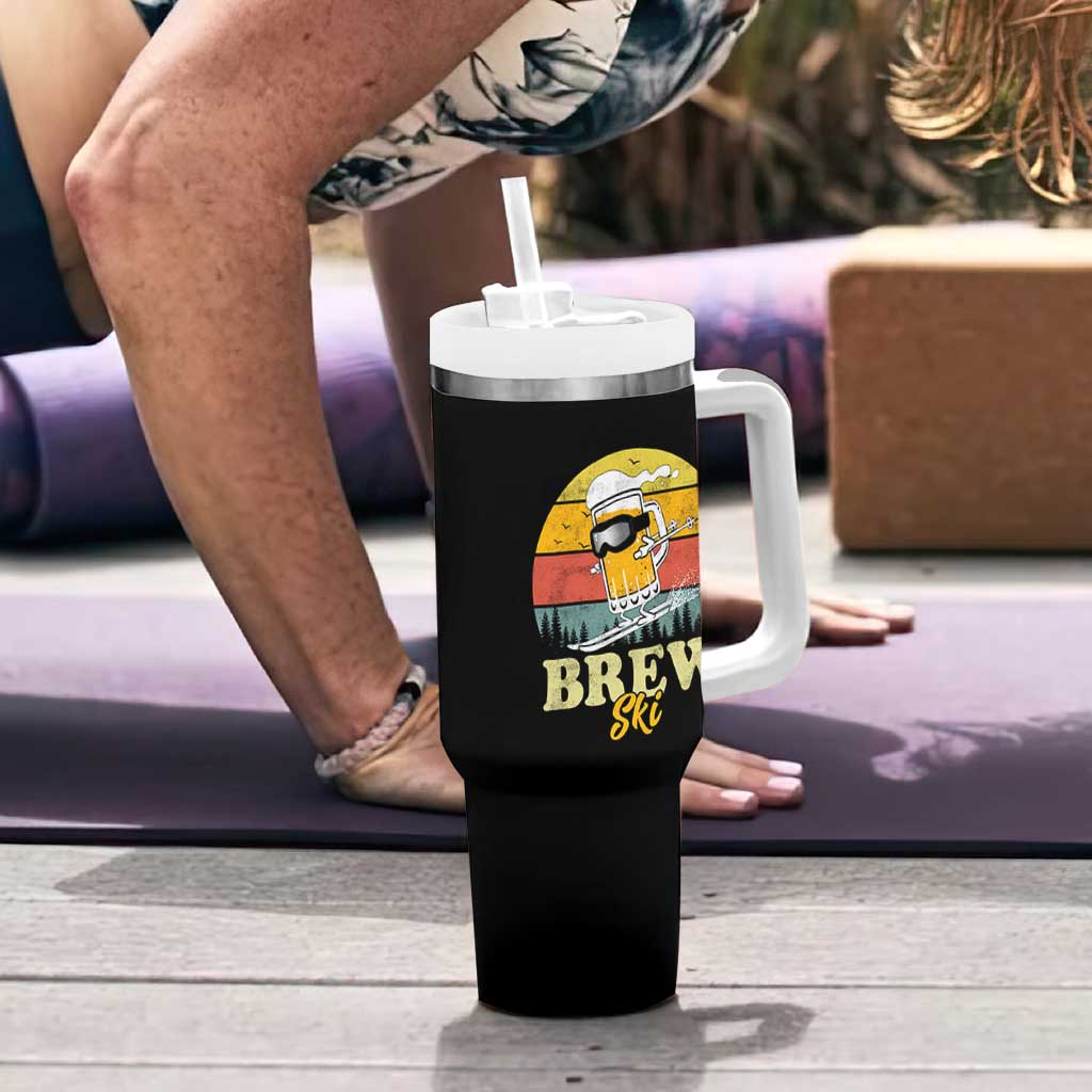 Brewski Skiing Beer Tumbler With Handle Funny Skiing Skier Ski Vacation Retro Sunset - Wonder Print Shop