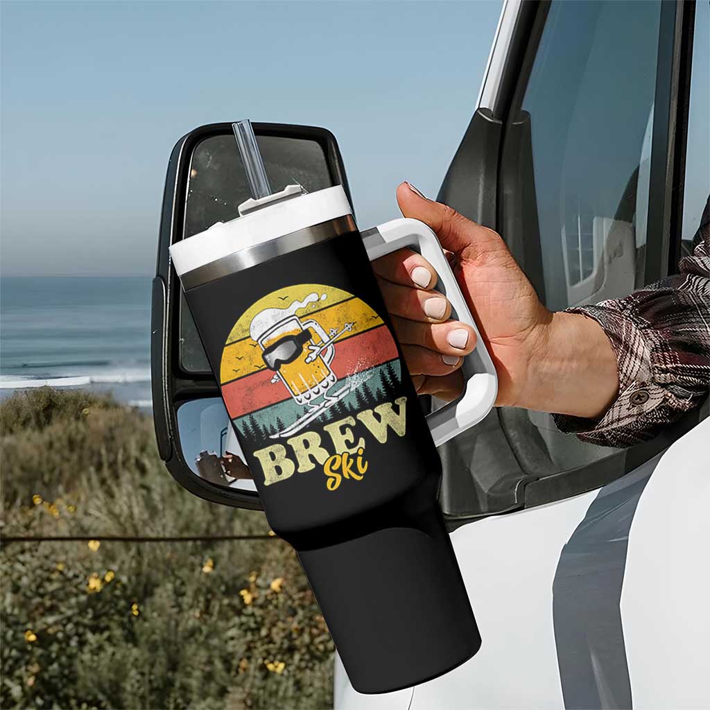 Brewski Skiing Beer Tumbler With Handle Funny Skiing Skier Ski Vacation Retro Sunset - Wonder Print Shop