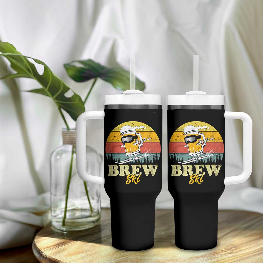 Brewski Skiing Beer Tumbler With Handle Funny Skiing Skier Ski Vacation Retro Sunset - Wonder Print Shop