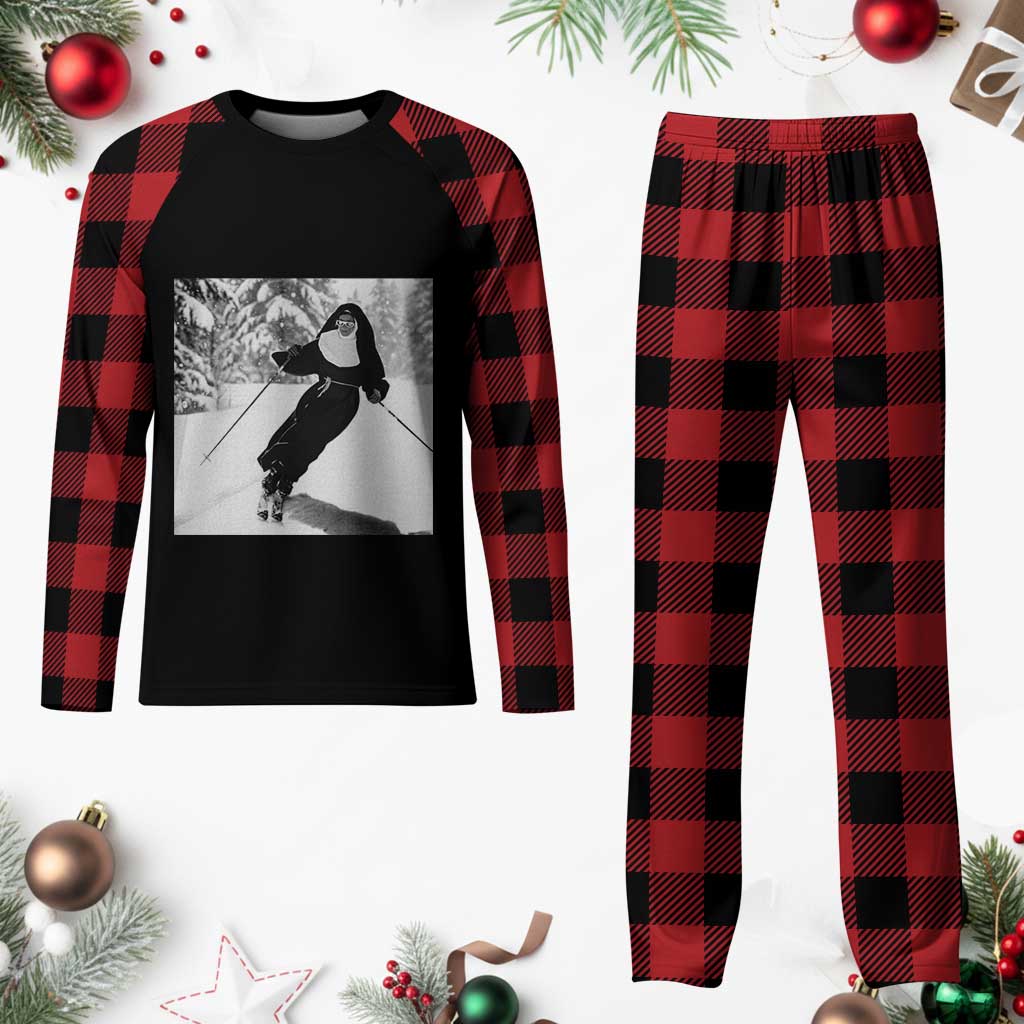 Funny Skiing Nun Graphics Photo Skier Winter Sport Plaid Pajama Set - Wonder Print Shop
