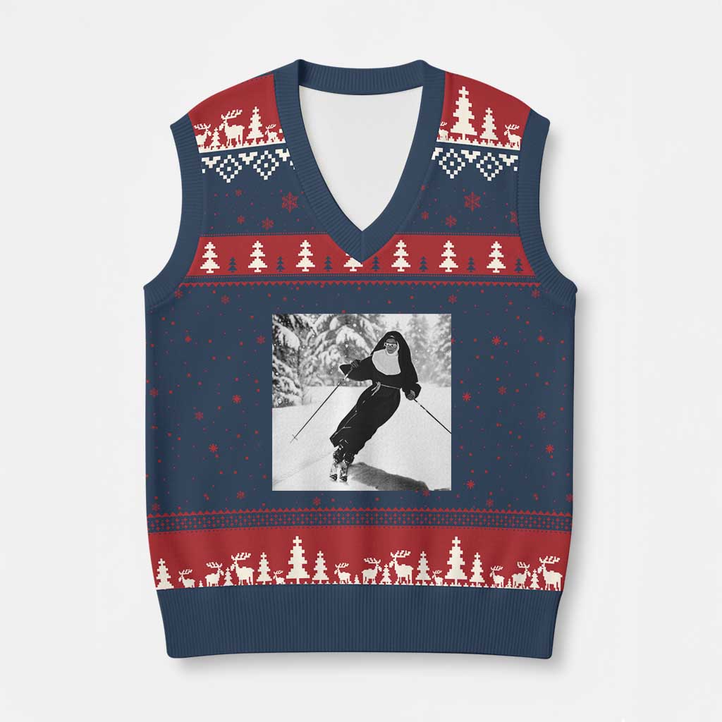 Funny Skiing Nun Graphics Photo Skier Winter Sport V-Neck Knit Sweater Vest - Wonder Print Shop
