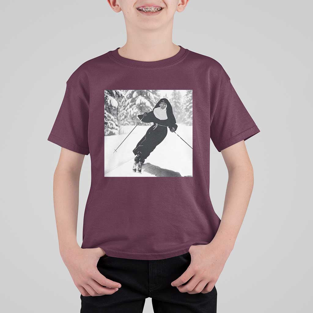 Funny Skiing Nun Graphics Photo Skier Winter Sport T Shirt For Kid - Wonder Print Shop