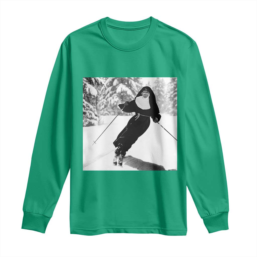 Funny Skiing Nun Graphics Photo Skier Winter Sport Long Sleeve Shirt - Wonder Print Shop