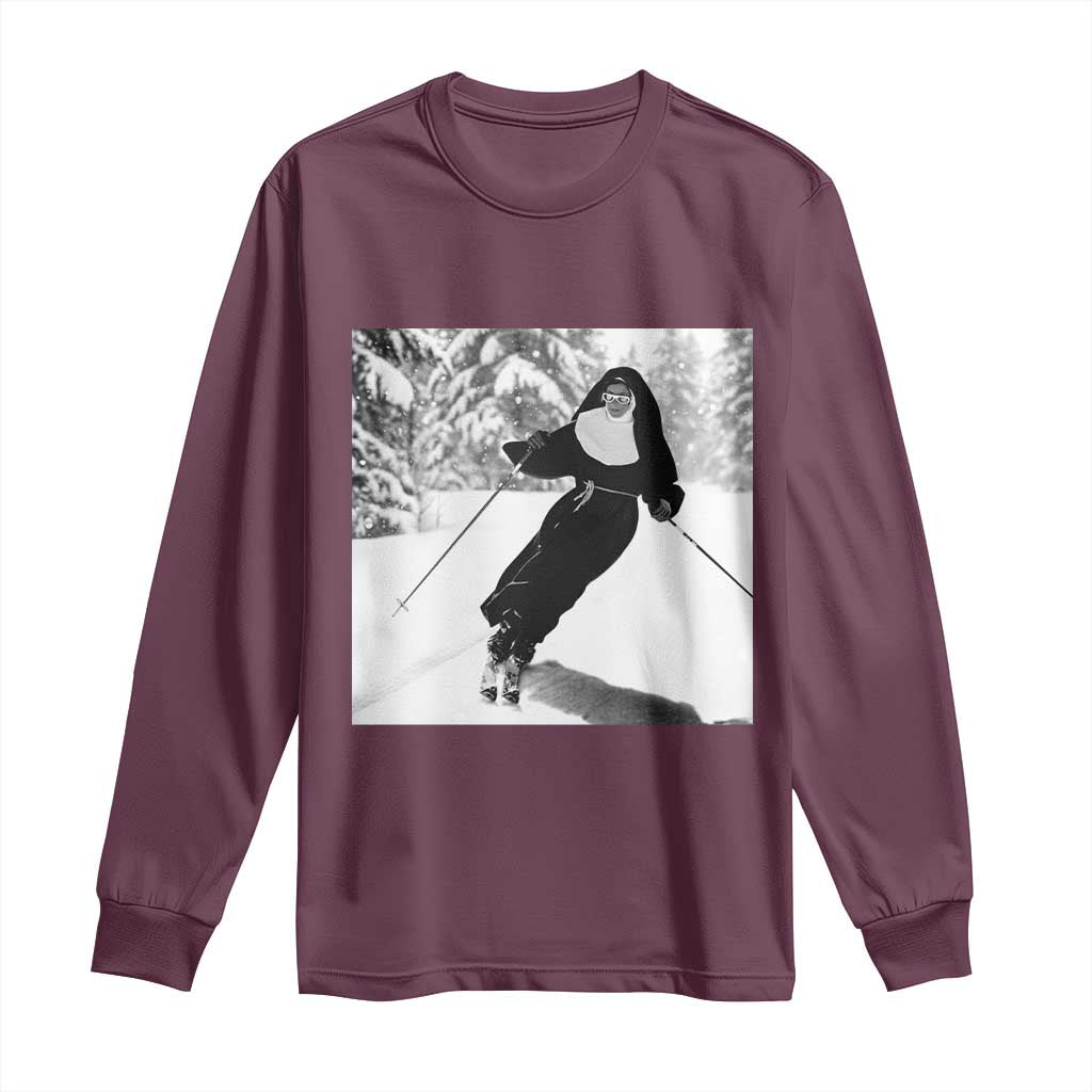 Funny Skiing Nun Graphics Photo Skier Winter Sport Long Sleeve Shirt - Wonder Print Shop