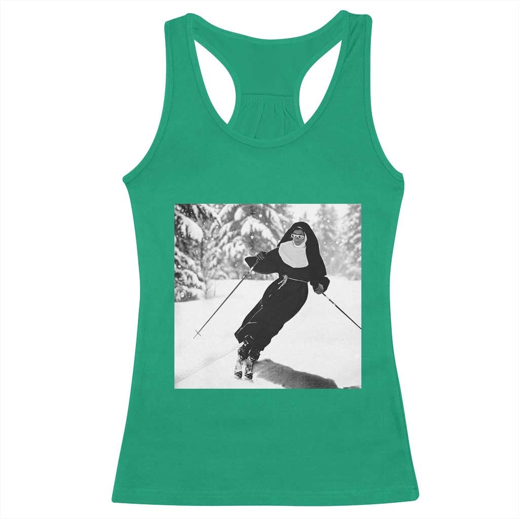 Funny Skiing Nun Graphics Photo Skier Winter Sport Racerback Tank Top - Wonder Print Shop