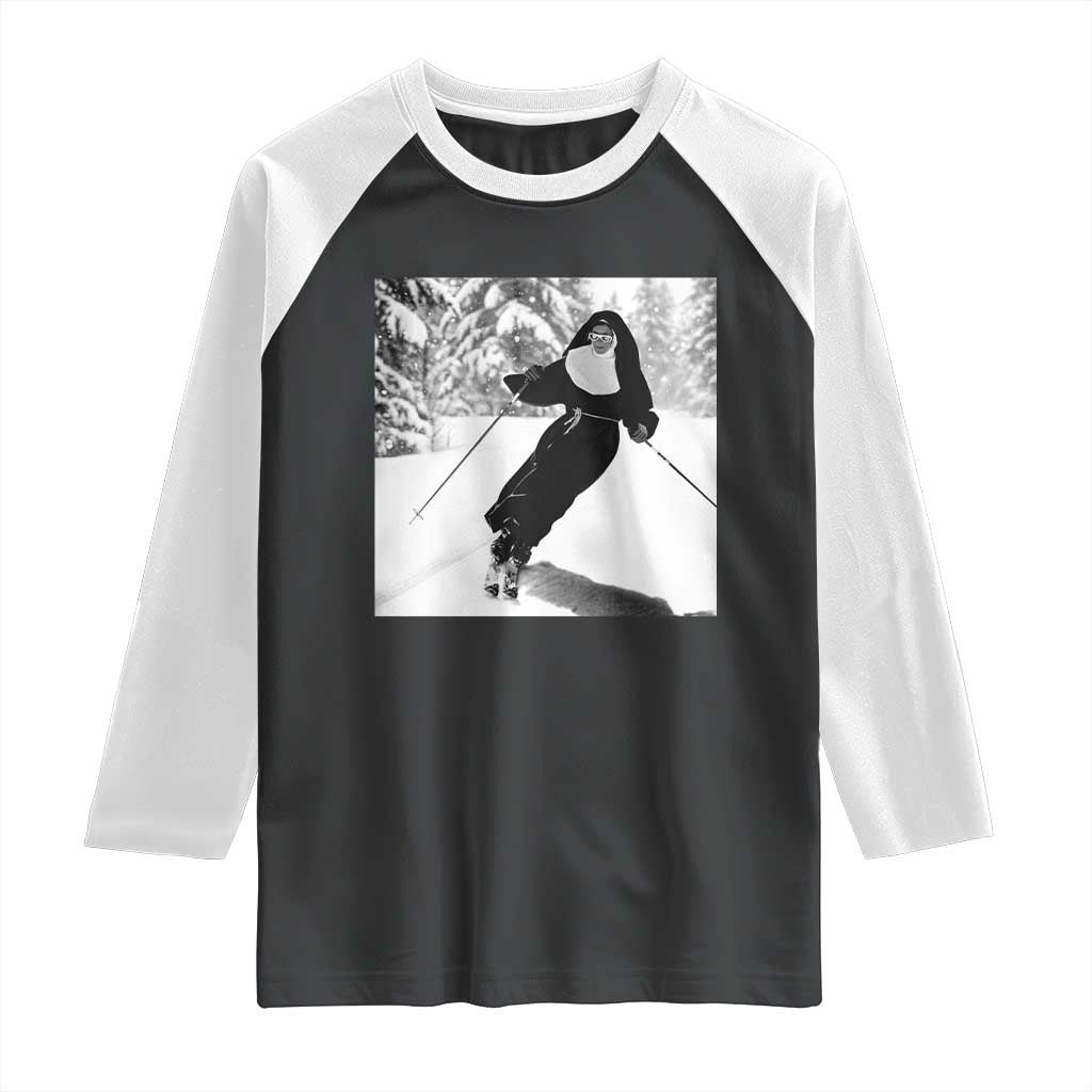 Funny Skiing Nun Graphics Photo Skier Winter Sport Raglan Shirt - Wonder Print Shop