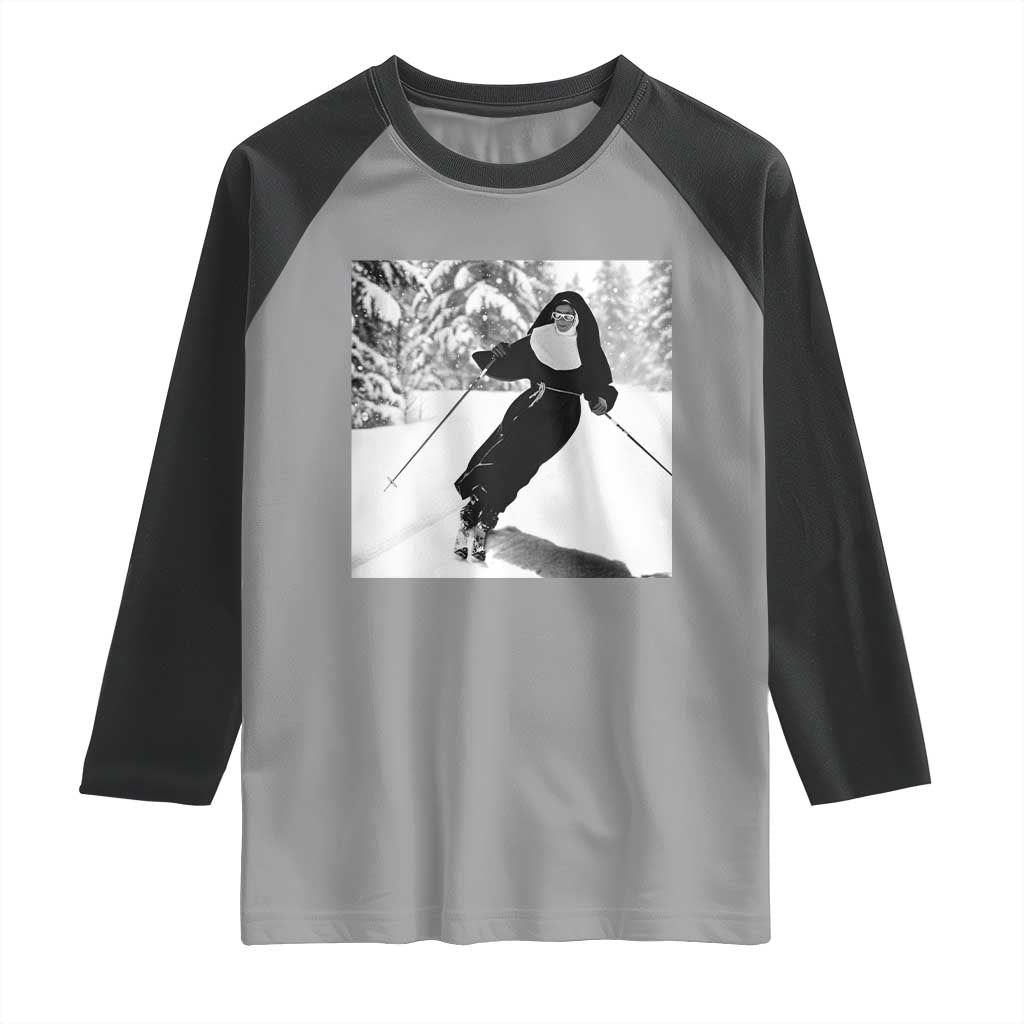 Funny Skiing Nun Graphics Photo Skier Winter Sport Raglan Shirt - Wonder Print Shop