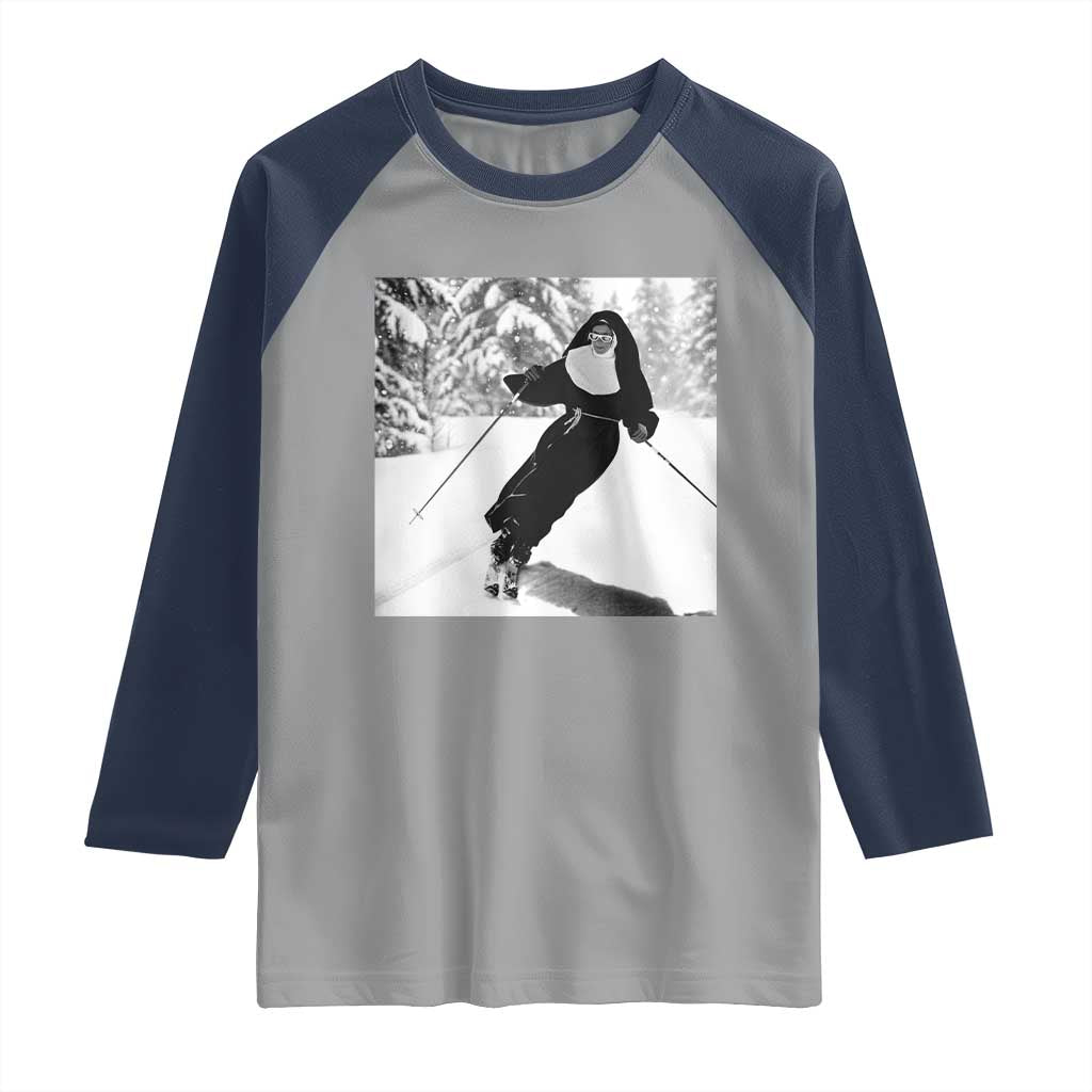 Funny Skiing Nun Graphics Photo Skier Winter Sport Raglan Shirt - Wonder Print Shop