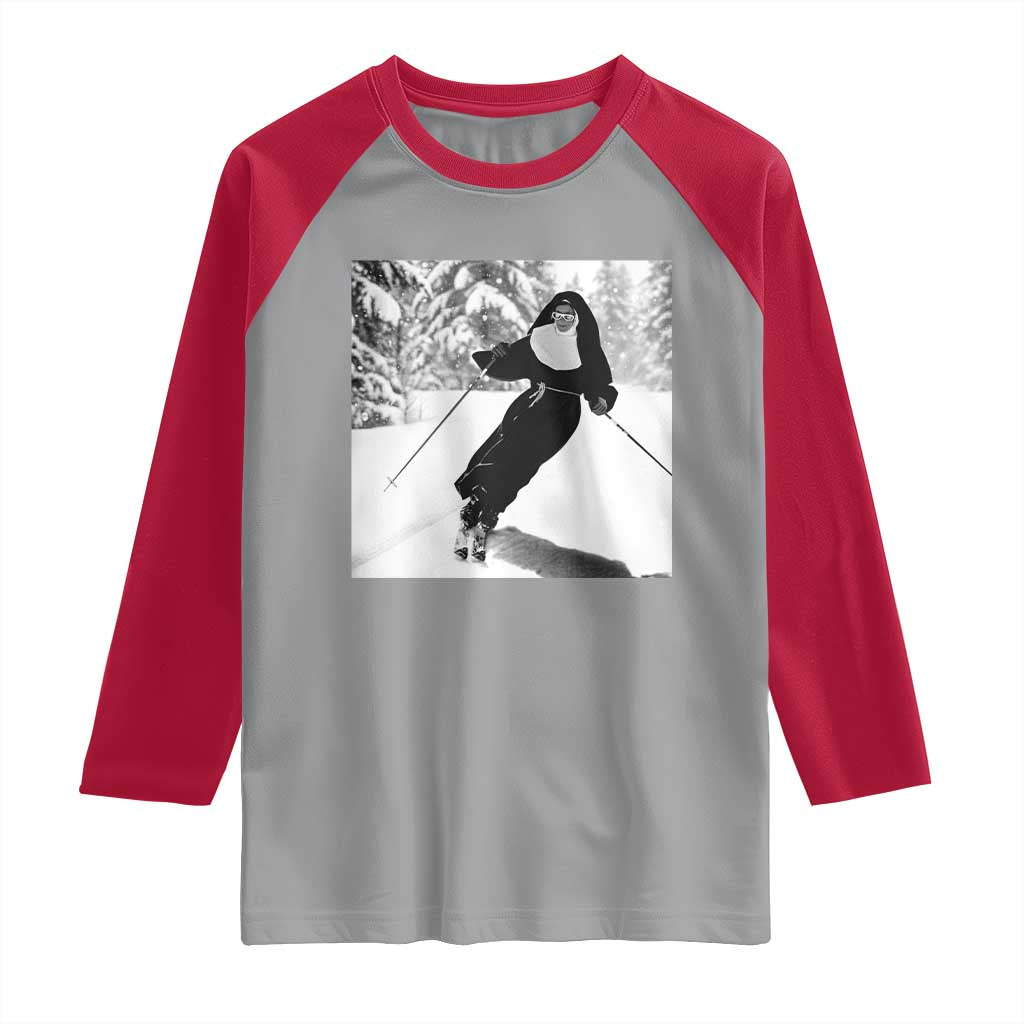 Funny Skiing Nun Graphics Photo Skier Winter Sport Raglan Shirt - Wonder Print Shop