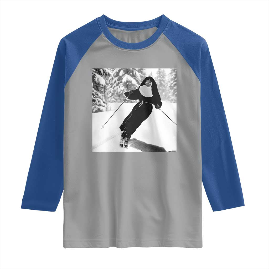 Funny Skiing Nun Graphics Photo Skier Winter Sport Raglan Shirt - Wonder Print Shop