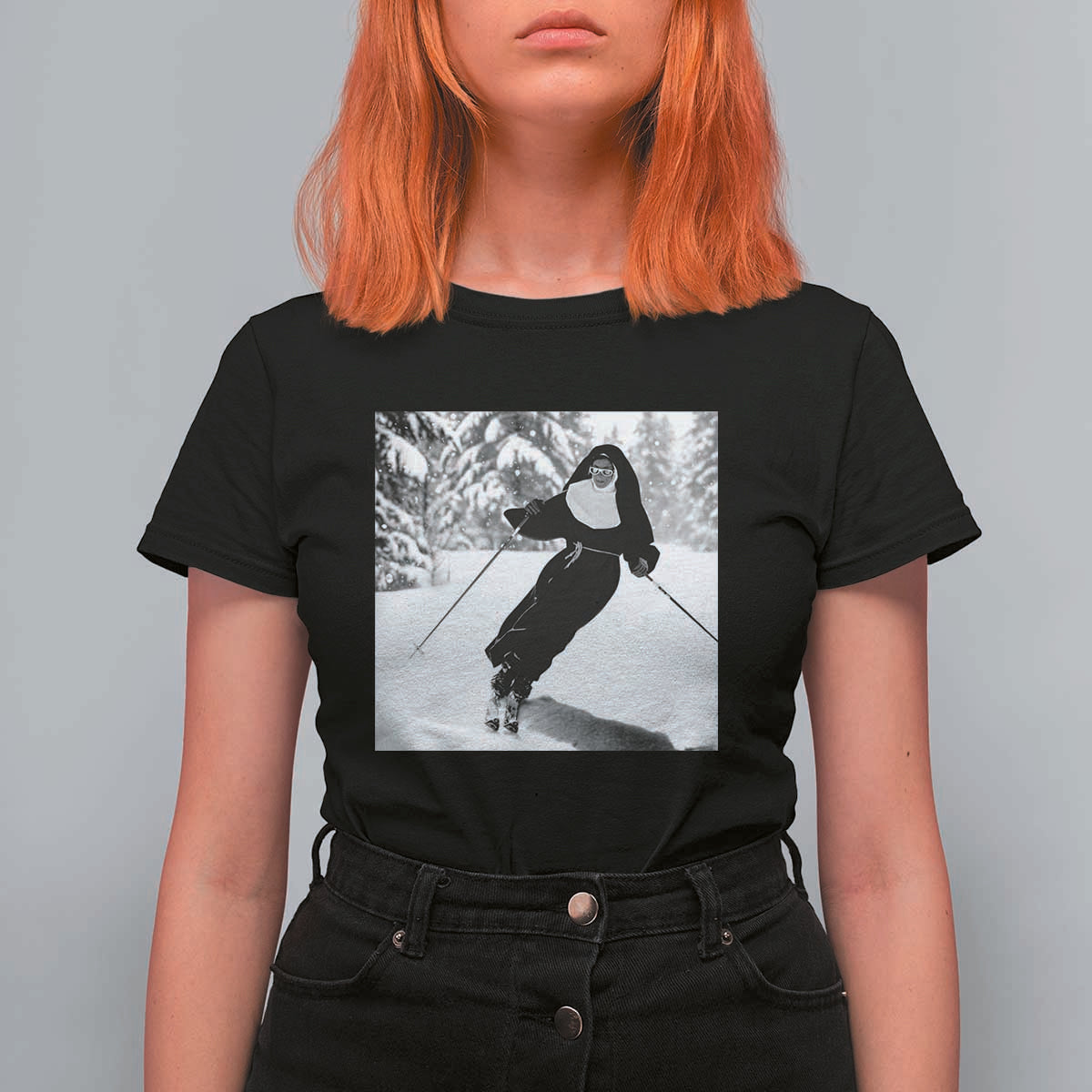 Funny Skiing Nun Graphics Photo Skier Winter Sport T Shirt For Women - Wonder Print Shop