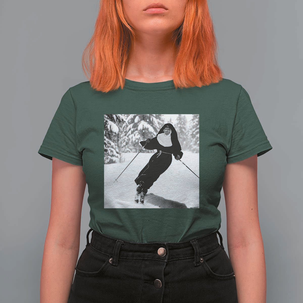 Funny Skiing Nun Graphics Photo Skier Winter Sport T Shirt For Women - Wonder Print Shop