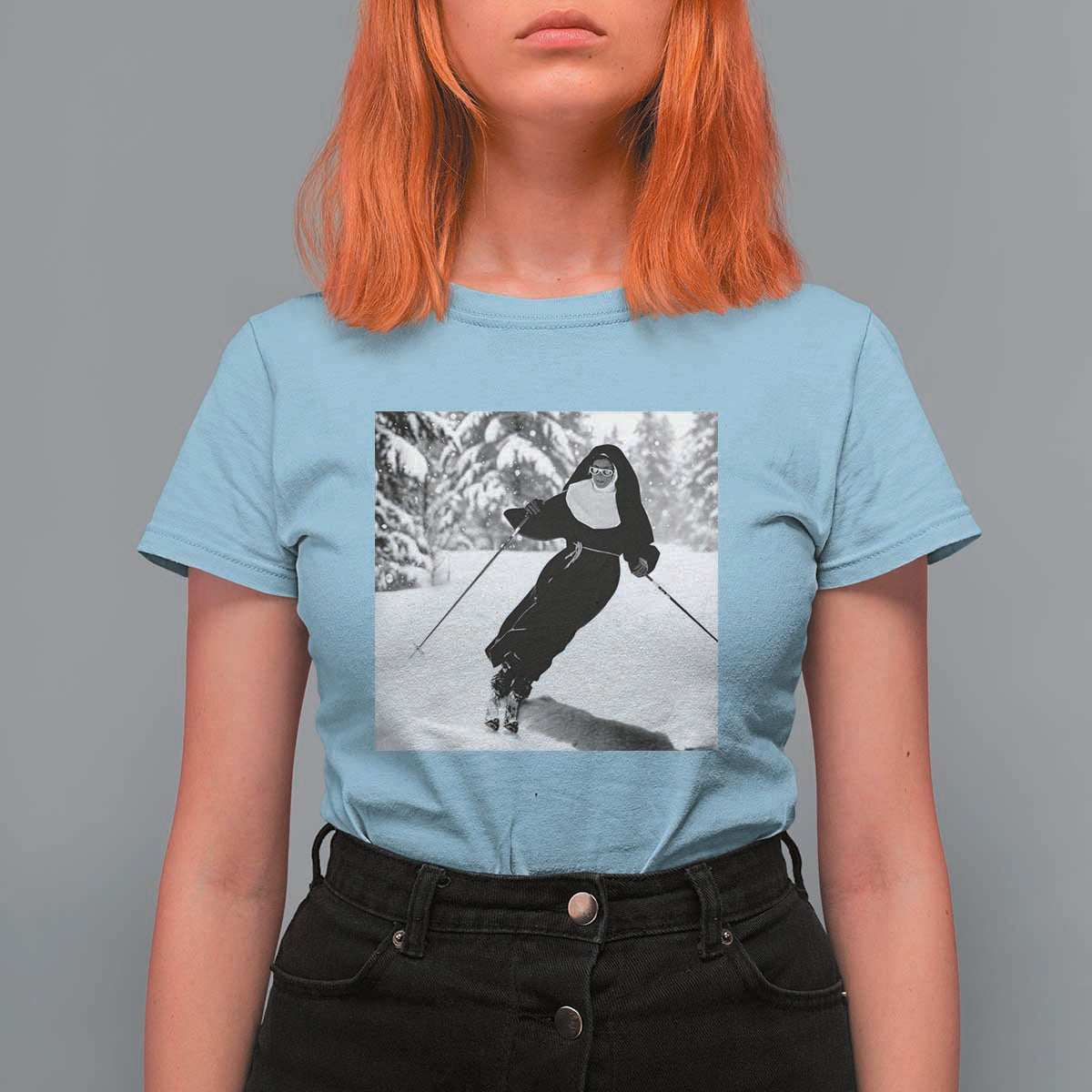 Funny Skiing Nun Graphics Photo Skier Winter Sport T Shirt For Women - Wonder Print Shop