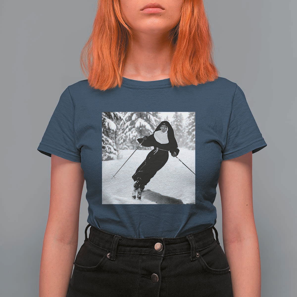 Funny Skiing Nun Graphics Photo Skier Winter Sport T Shirt For Women - Wonder Print Shop