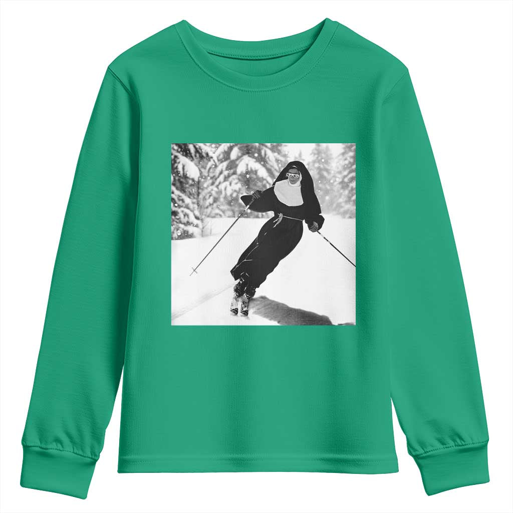 Funny Skiing Nun Graphics Photo Skier Winter Sport Youth Sweatshirt - Wonder Print Shop