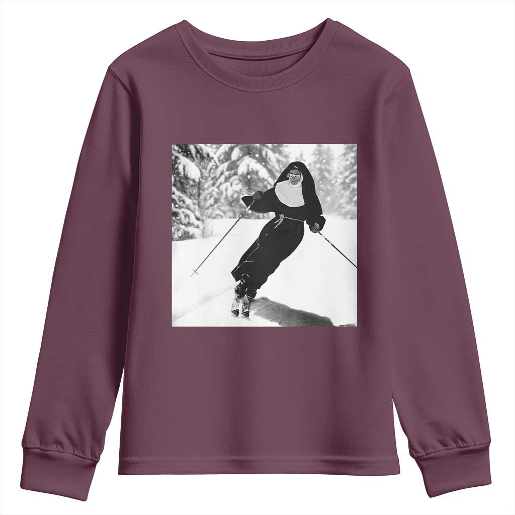 Funny Skiing Nun Graphics Photo Skier Winter Sport Youth Sweatshirt - Wonder Print Shop