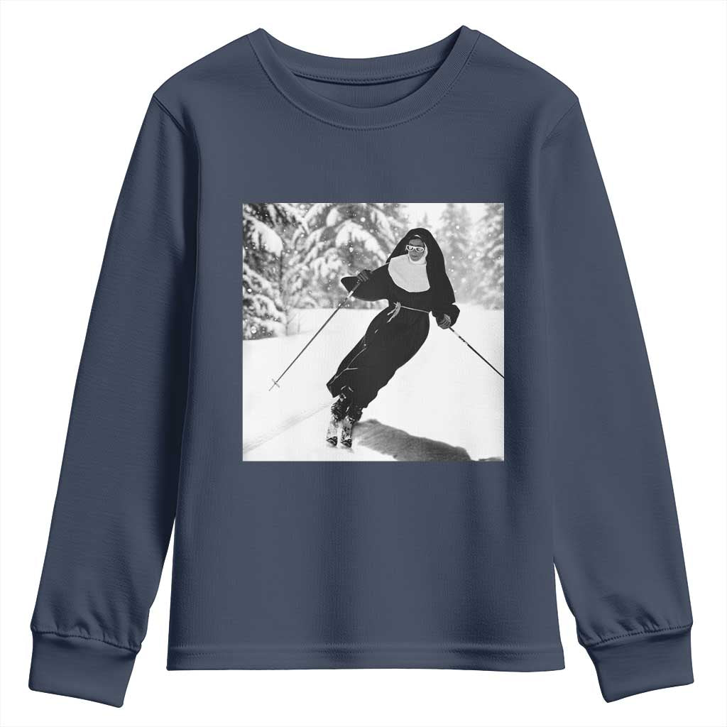 Funny Skiing Nun Graphics Photo Skier Winter Sport Youth Sweatshirt - Wonder Print Shop