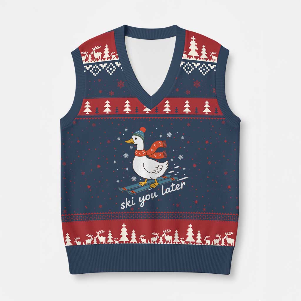 Funny Skiing Goose V-Neck Knit Sweater Vest Ski You Later Winter Vacation Sport - Wonder Print Shop